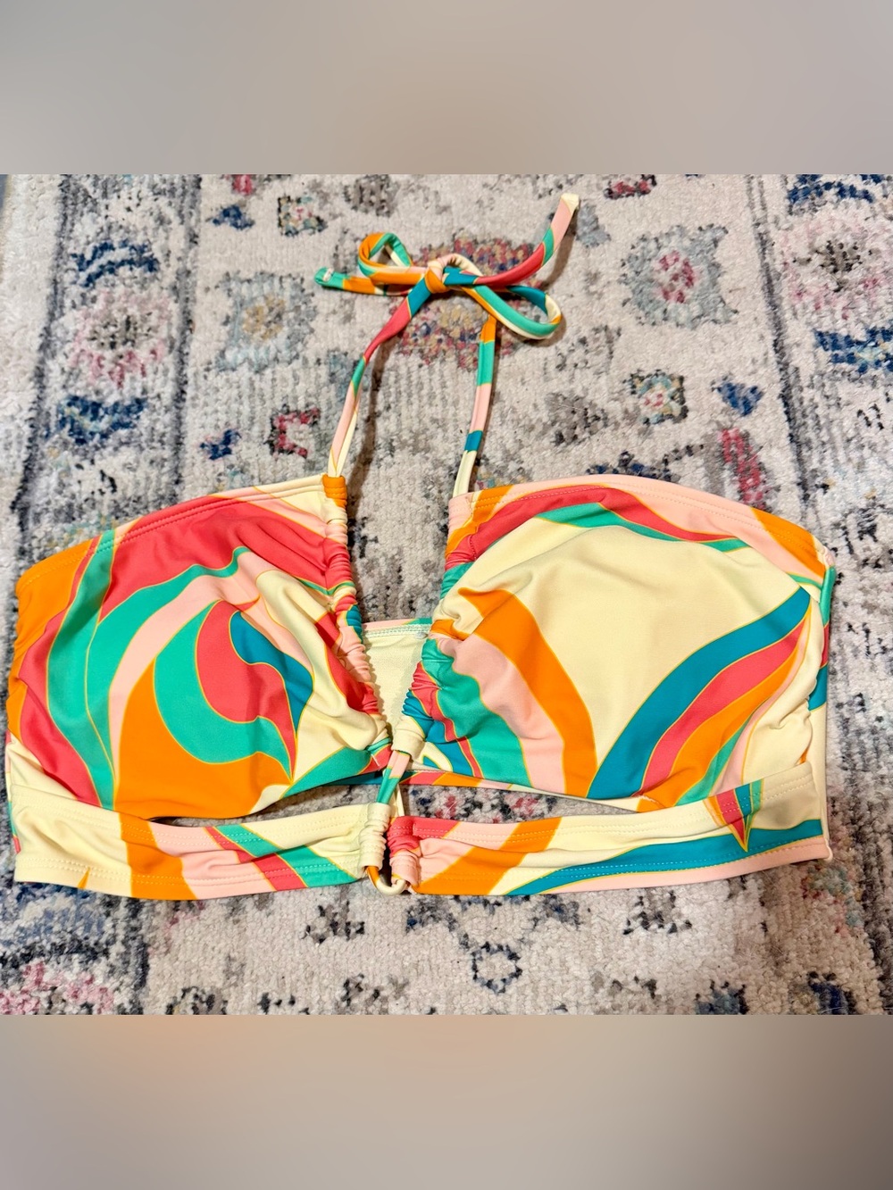Colorful Swirl Bandeau Bikini Top - Turquoise, Coral & Yellow